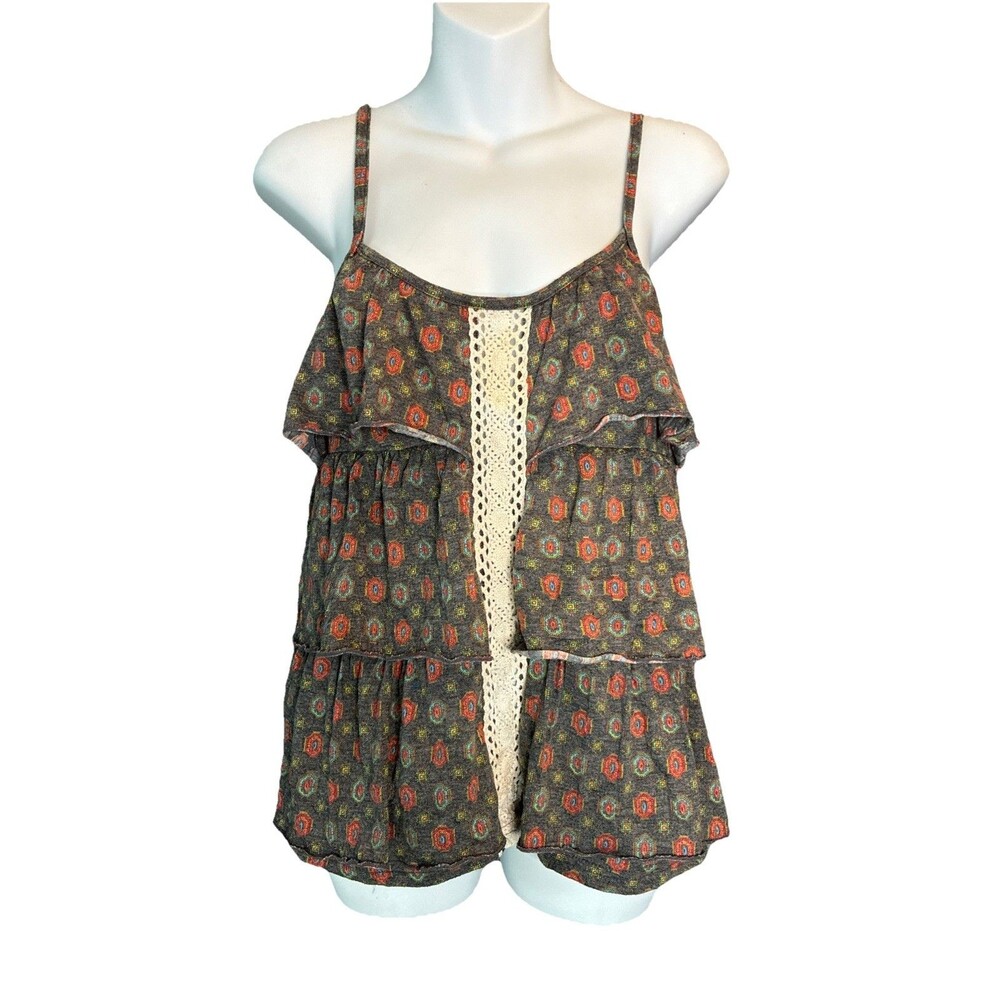 Y2K Love Change Grey Crochet Tiered Babydoll Tank Top Medium Boho Festival Fairy
